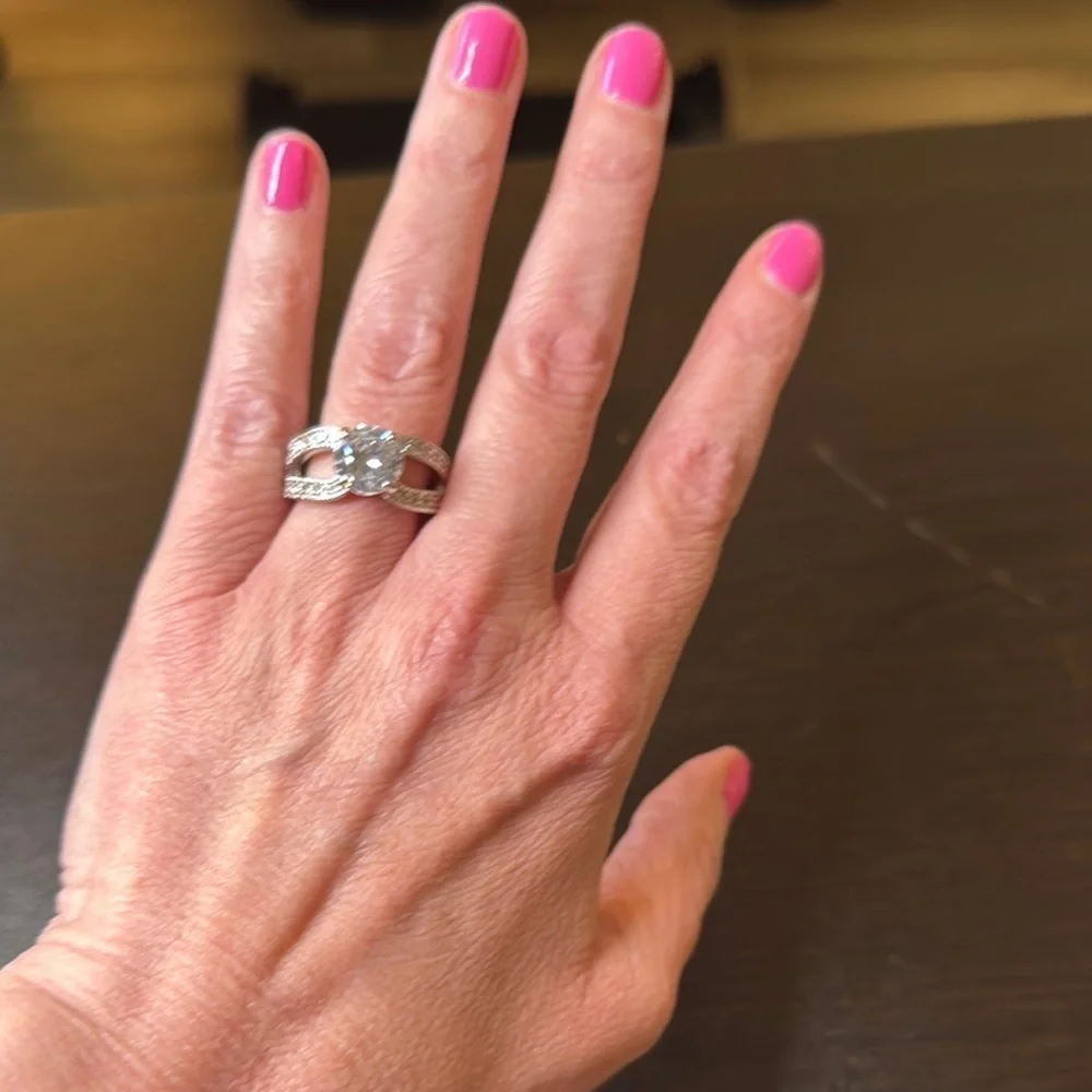 Silver Solitaire Diamond Ring with Side Accents